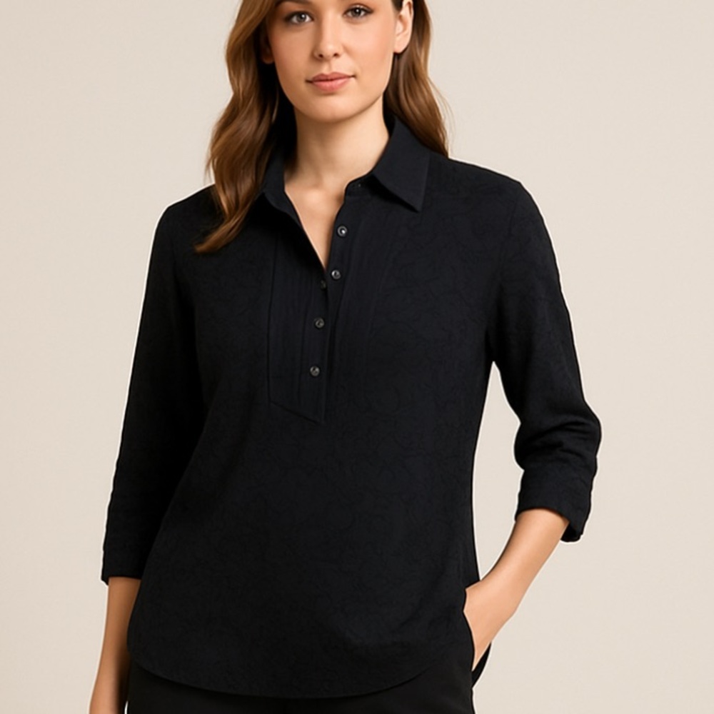 J McLaughlin Silk Cotton Blend Tunic Black 3/4 Sleeve Career Wear Whimsey Goth - Picture 3 of 13